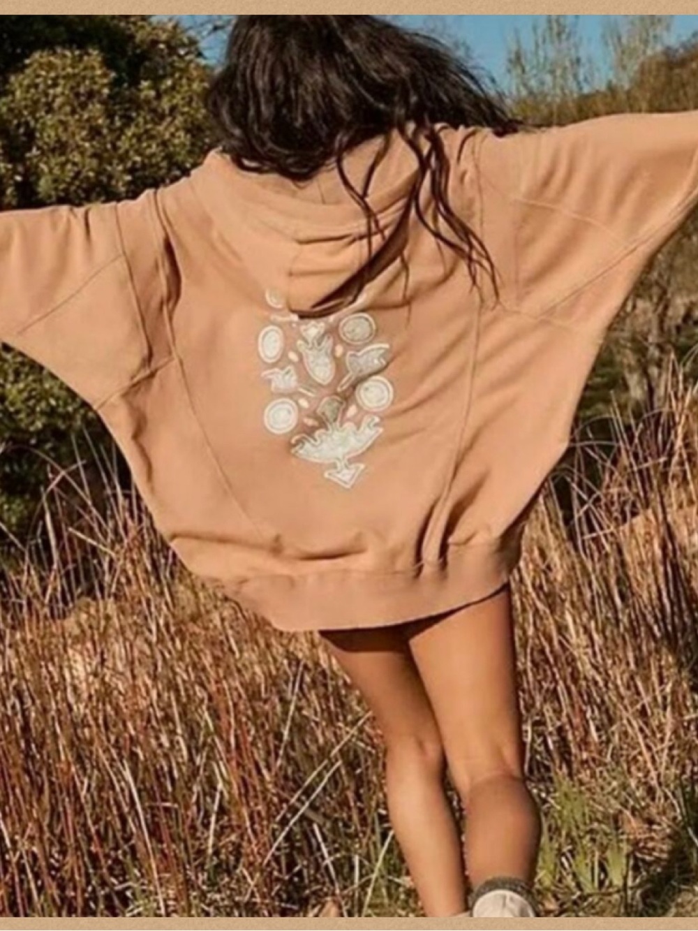 FP Movement by Free People Oversized Tan Hoodie logo Graphic buti embroidered